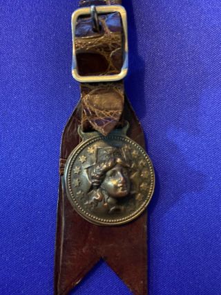 Antique Lady Liberty Brass Pressed Out Head Pocket Watch Fob With Leather Strap