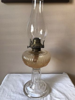 Antique U.  S.  Glass Co.  Fleur De Lis & Tassel Kerosene Oil Lamp Scovill Burner