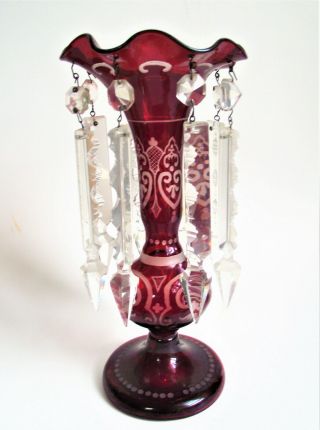 Antique Bohemian Czech Victorian Ruby Red Art Glass Mantle Luster Cut Prism Vase