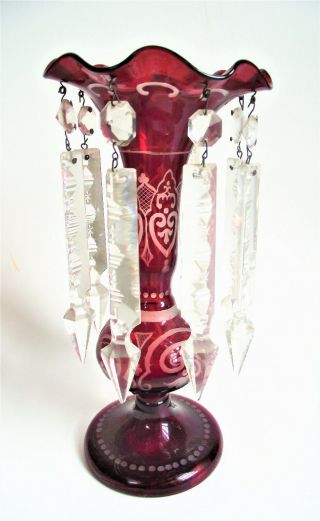 Antique Bohemian Czech Victorian Ruby Red Art Glass Mantle Luster Cut Prism Vase 3