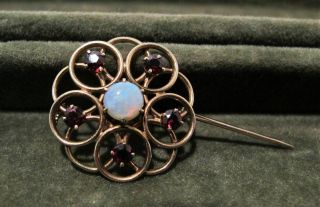 Stunning Antique 10k Gold Brooch With Lovely Rubies And Opal.