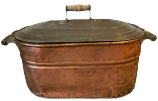 Antique Primitive Revere Large Copper Boiler Wash Tub With Lid & Wood Handles