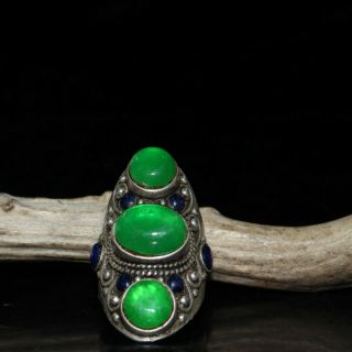 Chinese Old Craft Made Old Tibetan Silver Inlaid Green Jade Silver Ring Crafts