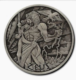 2020 1oz Tuvalu Gods Of Olympus - Zeus Silver Antiqued Finish Coin - First Release
