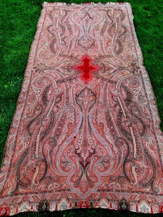 Antique Red Paisley Kashmir Woolen Shawl Coverlet Tapestry Throw Larte