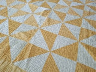 Vintage Handmade Quilt Hand Sewn Yellow On Yellow Pinwheel Blocks 70x72