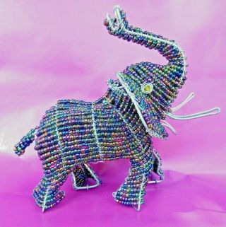 Vvv African Beaded Wire Animal Sculpture Figurine Elephant - Rainbow,  Tribal Art