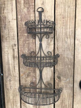 Vintage Wrought Iron Plant Stand 3 Tier Wall Mount Hanging Fruit Basket Holder