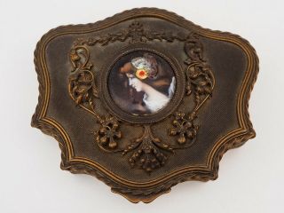 Antique French Gilt Bronze Enameled Jewel Box With Portrait Lady