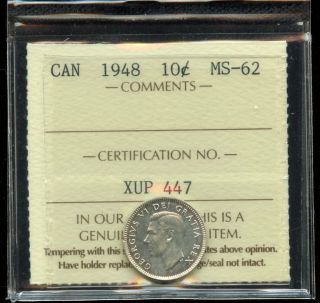 1948 Canada Ten Cents - Iccs Ms - 62 Cert Xup447