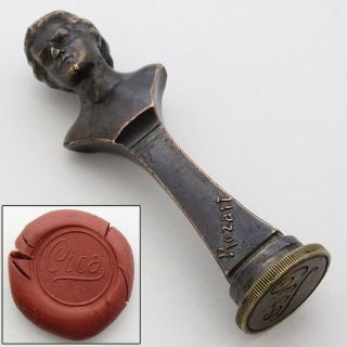 Antique Old 19th Century Bronze Statue Mozart Wax Seal Stamp See Video
