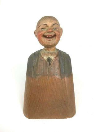 Unique Antique Folk Art Pocket Watch Holder Stand Display Laughing Man Wooden