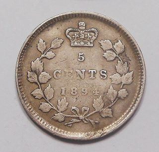 1894 Five Cents Silver VF SCARCE Date KEY Queen Victoria Canada 5¢ 2