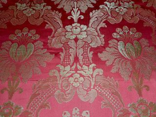 Antique French Floral Damask Silk Brocade Fabric Pomegranate Red Icy Soft Green