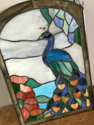 Vtg Antique Peacock Stained Glass Window Wall Hanging Home Decor Panel 9 " X 13 "