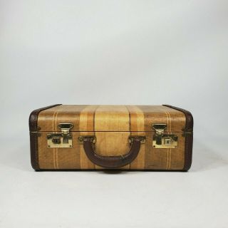 Vintage Small Striped Tweed Brown 15 " Suitcase 1930s 1940s Antique Old Luggage