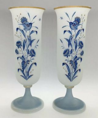 Antique (2) Bristol Frosted Glass Mantle Vases White/blue Bird/floral 11 1/8”