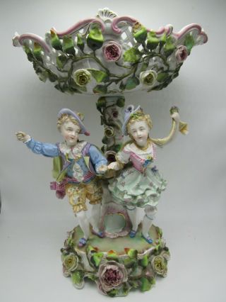 Huge Antique French Porcelain Centerpiece Reticulated Compote Figural W/ Flowers