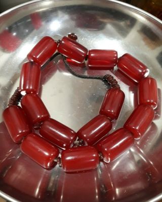 Antique Cherry Amber Faturan Bakelite Beaded Necklace On Leather Cord 140gm 31cm