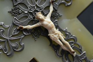⭐ Antique French Crucifix Onyx,  Holy Water Font,  Hand Carved Christ On Bronze⭐