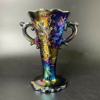 Antique Dugan Mary Ann Purple Amethyst Iridescent Carnival Glass Trumpet Vase