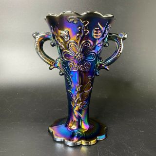 Antique Dugan Mary Ann Purple Amethyst Iridescent Carnival Glass Trumpet Vase 3