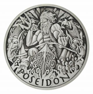 2021 Tuvalu Gods Of Olympus Poseidon 1 Oz Silver Antiqued $1 Coin Gem Bu