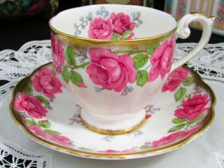 Queen Anne Lady Alexander Rose Pink Heavy Gold Tea Cup And Saucer