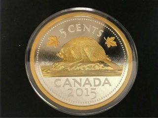 Beaver 2015 Big Coin Series 5oz.  999 Silver W/ Gold Plated W/ Box &