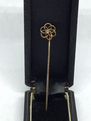 Antique Victorian 14k Gold Stick/hat Pin With Mine Cut Diamond & Vintage Box