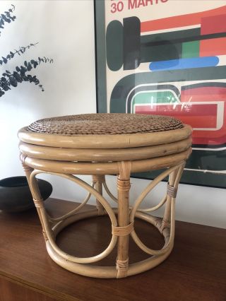 Vintage Retro Bamboo Bentwood Rattan Ottoman Foot Stool Footstool Boho Round