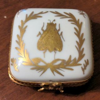 Antique French Porcelain Small Pillbox Brass Mounts Gold Gilt Insect