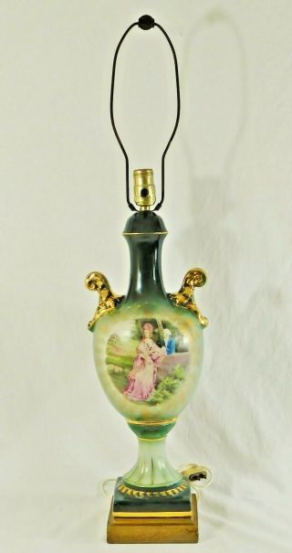Antique/vtg Hand Painted Courting Couple Green 24k Gold Porcelain Table Lamp