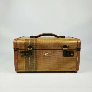 Vintage Tweed Striped Train Makeup Case Suitcase 1930s 1940s Antique Luggage