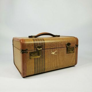 Vintage Tweed Striped Train Makeup Case Suitcase 1930s 1940s Antique Luggage 2