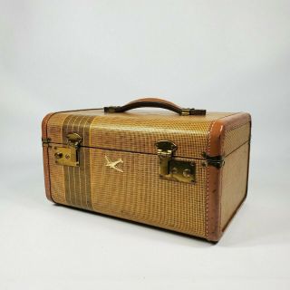 Vintage Tweed Striped Train Makeup Case Suitcase 1930s 1940s Antique Luggage 3