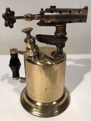 Antique Copper & Brass Blow Torch Tool Wooden Handle Clayton Lambert 130