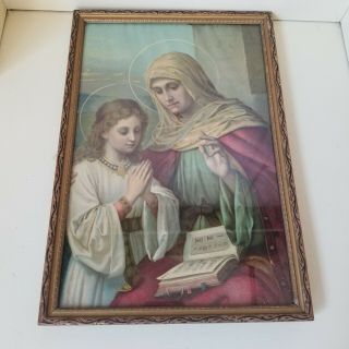 Antique Victorian Religious Lithograph Print Virgin Mother And Child Framed
