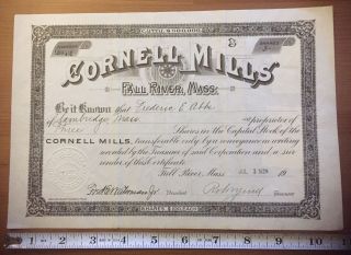 Cornell Mills Fall River Massachusetts Stock Certificate 3 Shares 1928 Antique