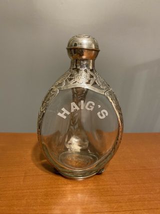 Vtg Glass Pinch Bottle Decanter Mexican Sterling Floral Overlay Haig Whiskey