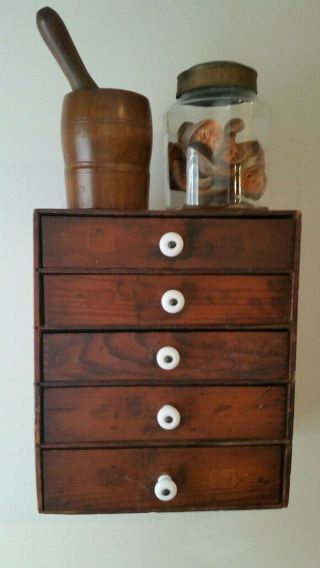 Old Antique Spice Apothecary 5 Drawer Storage Chest Primitive Dovetailed Aafa