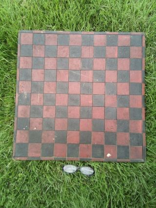 Antique Handmade Wooden Game Board Red Black Hand Painted Checker Large 21 "