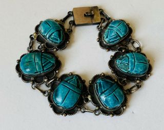 Antique 1920’s Egyptian Revival Turquoise Scarab Bracelet Sterling Silver