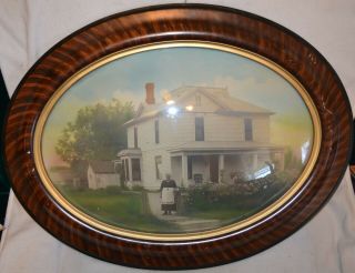 Antique Vintage Wood Oval Frame Convex Bubble Glass Picture Farmhouse