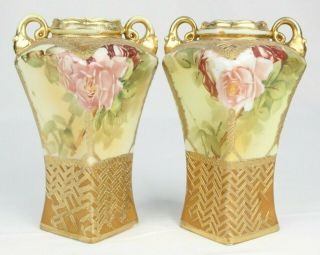 Pair Antique Hand Painted Nippon Porcelain Rose Flowers Floral Vases