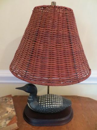 Rare Vintage Wooden Loon/duck Decoy Table Lamp W/ Wood Base And Wicker Shade