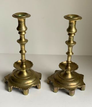 Pair Antique Brass Russian Star Based Candlesticks W/ Drip Pans Judaica Sabbath