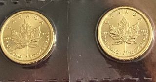 2 X 2020 1/10 Oz Canadian Gold Maple Leaf $5 Coin.  9999 Fine Bu