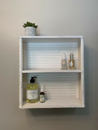 Vintage White Wicker Shelf 2 Tier - Wall Or Freestanding - Boho Cottage Chic Decor
