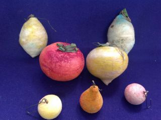 7 Antique German Spun Cotton Christmas Ornaments Peach Turnip Pear Apple And